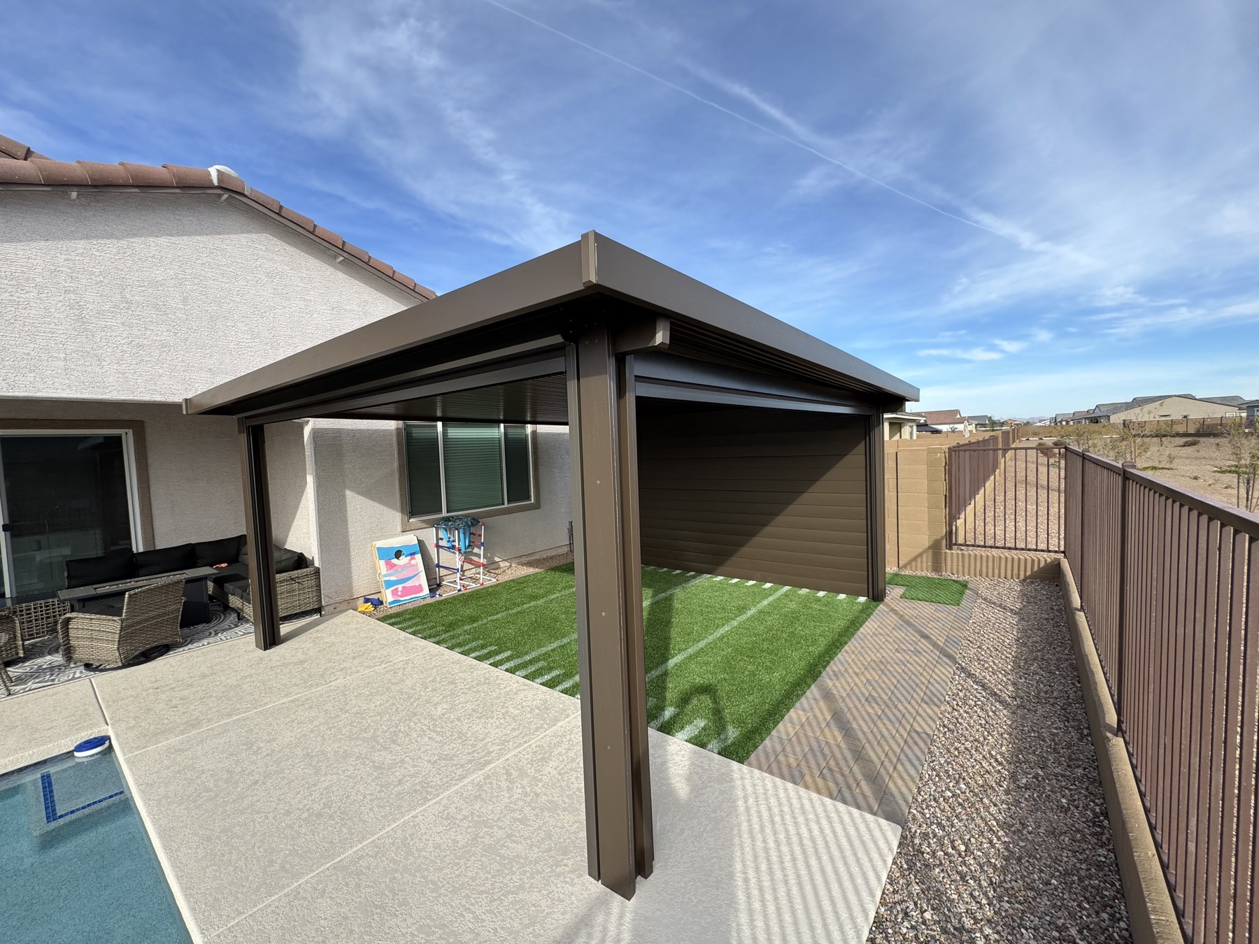 Bronze Pergola with Drop Shades — Queen Creek, AZ